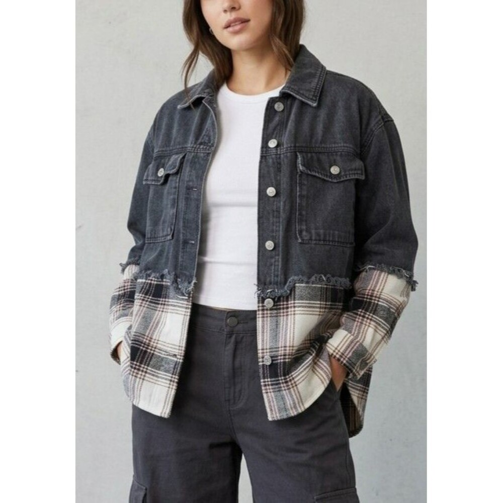 SO Women’s Black Denim & Plaid Flannel Shacket Jacket Size XS Oversized EUC